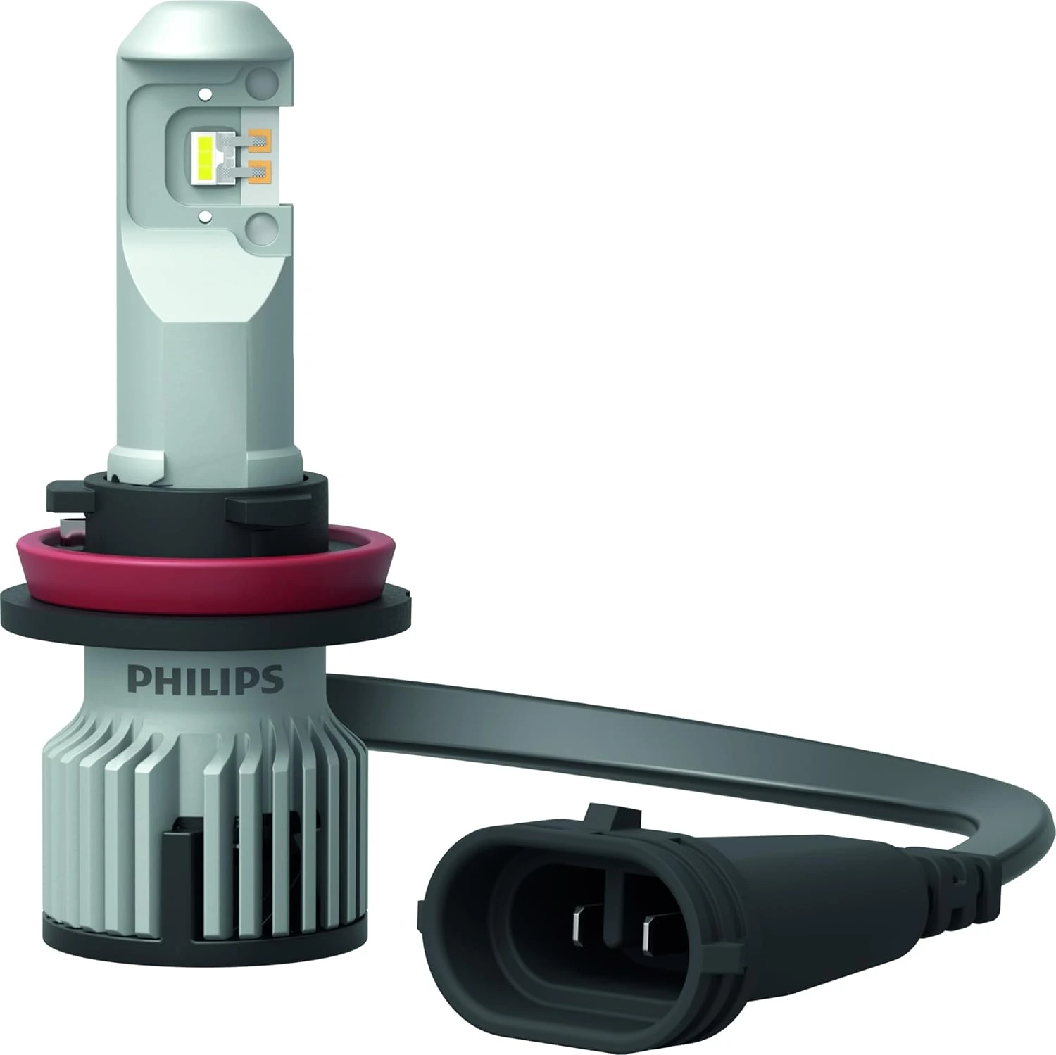 Originalfoto der Philips Ultinon Pro6000 Boost H11-LED mit hellgrauem Kühlkörper, rotem Dichtring und angeschlossenem Steckverbinder