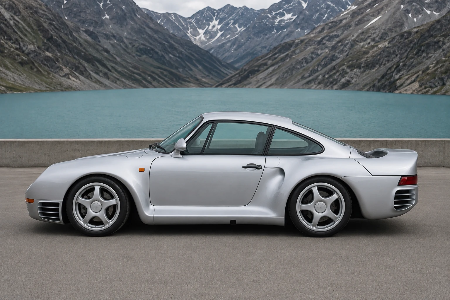 Seitenansicht (Fahrerseite) des Porsche 959 1 als Coupé (mit KI erzeugt)