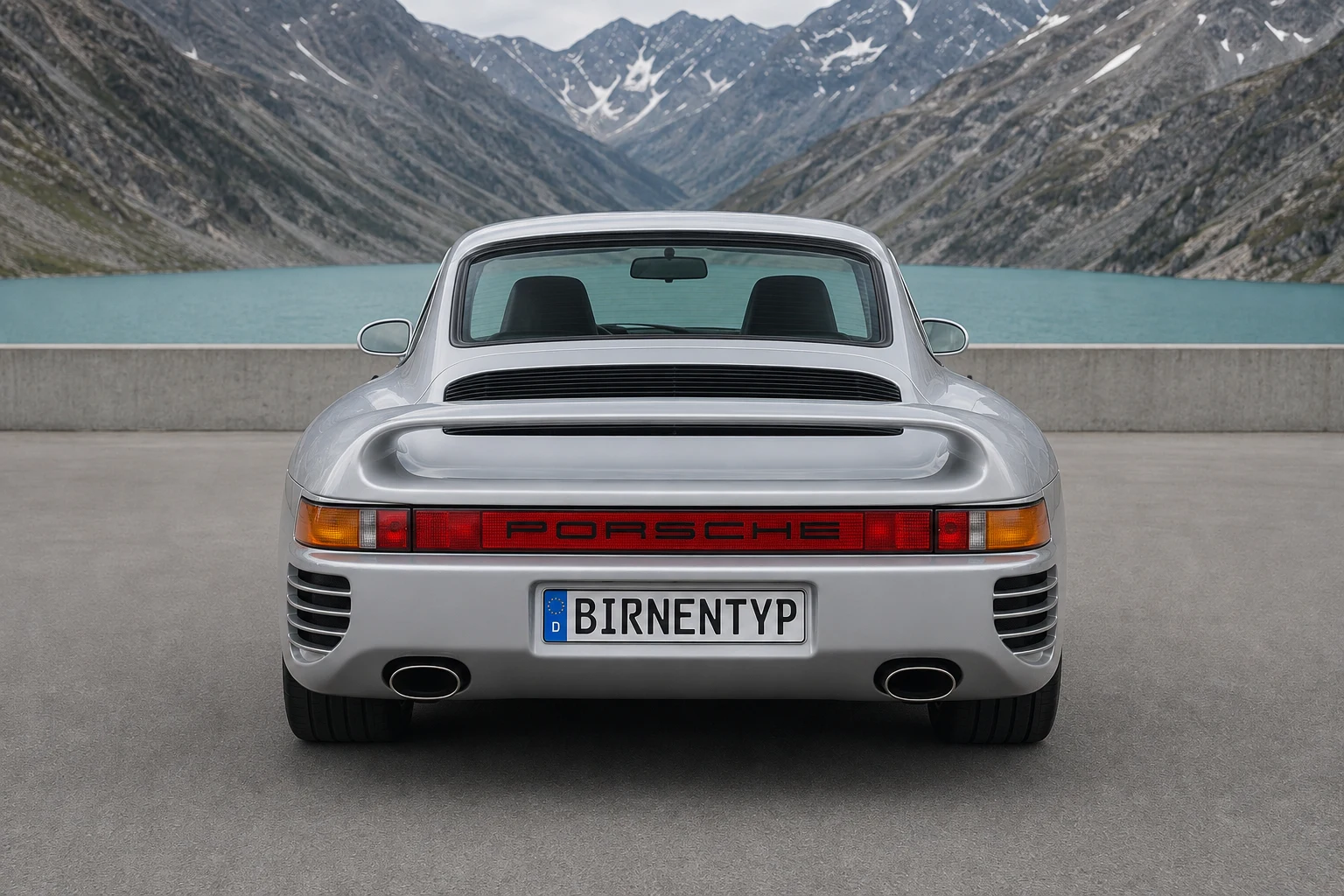 Heck-Ansicht des Porsche 959 1 (mit KI erzeugt)