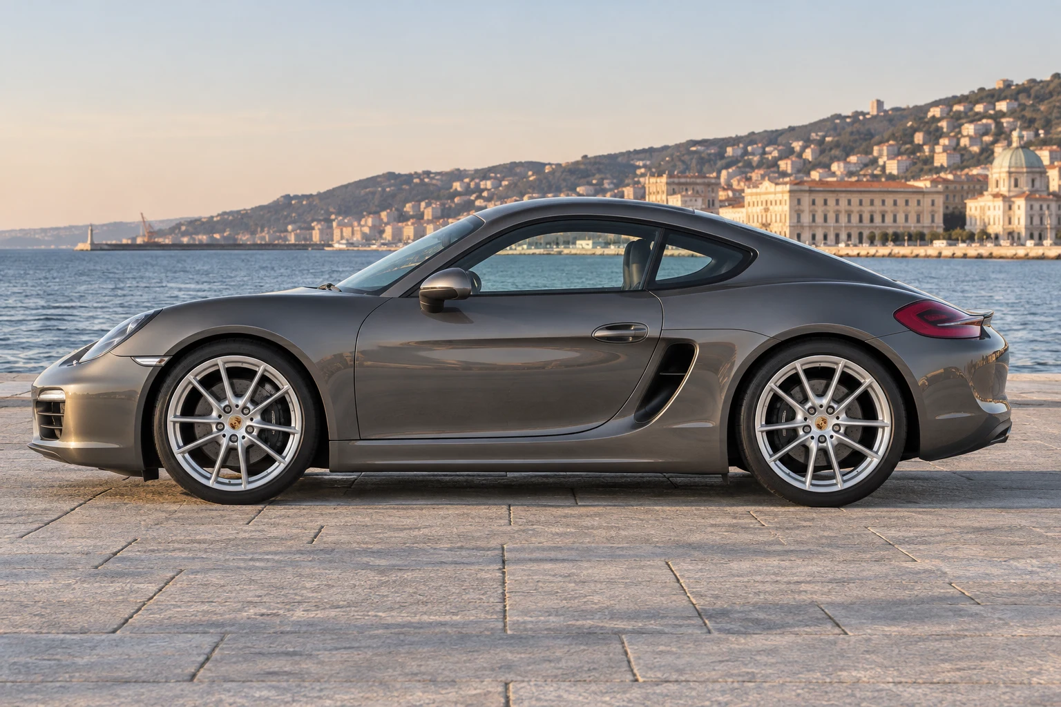 Seitenansicht (Fahrerseite) des Porsche Cayman 2 als Kombicoupé (mit KI erzeugt)