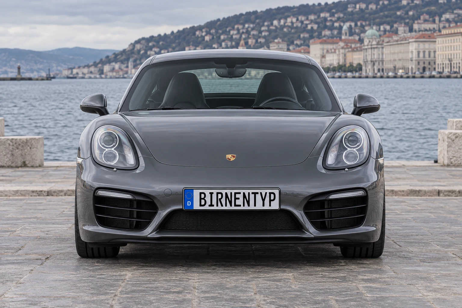 Frontansicht des Porsche Cayman 2 (mit KI erzeugt)