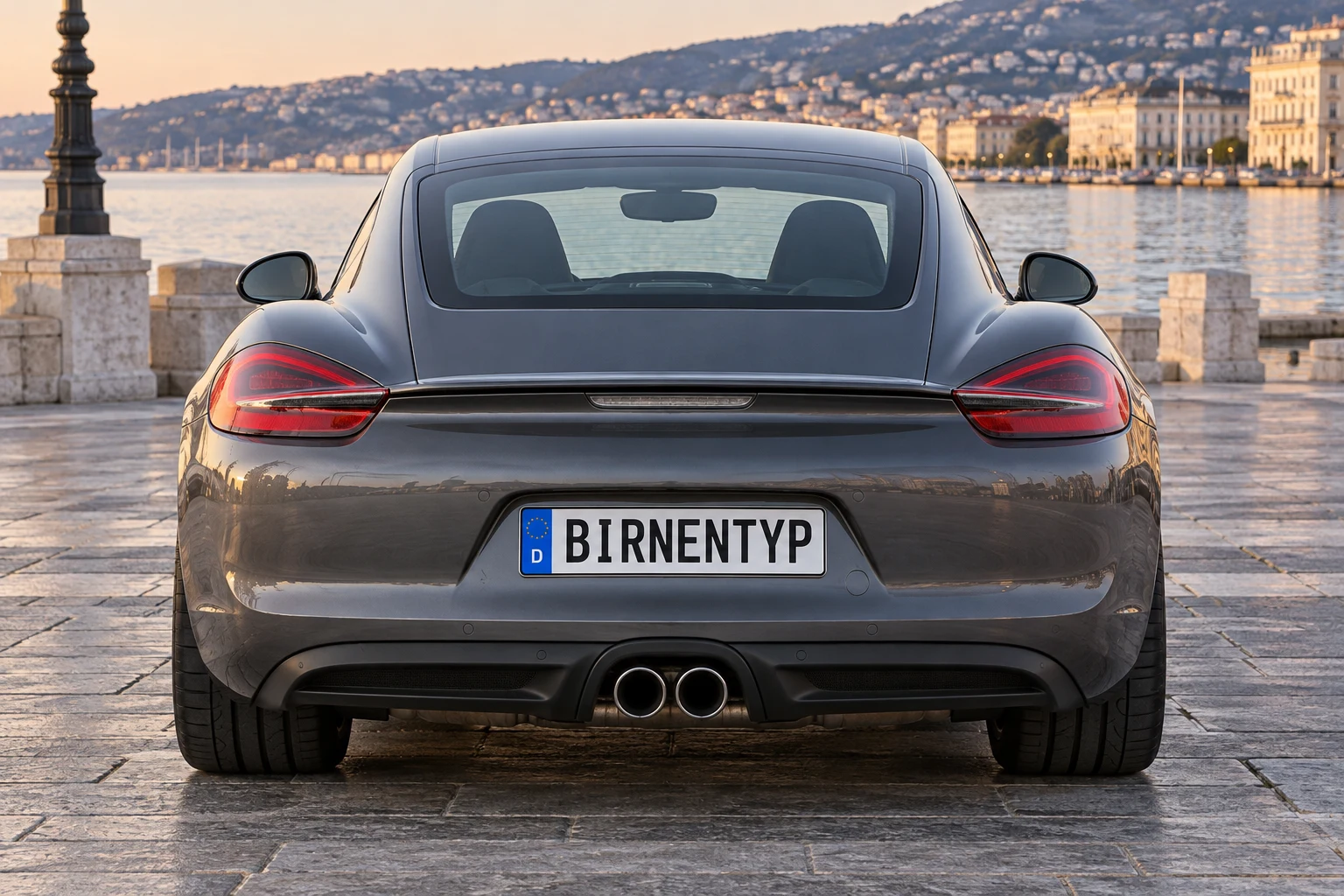 Heck-Ansicht des Porsche Cayman 2 (mit KI erzeugt)