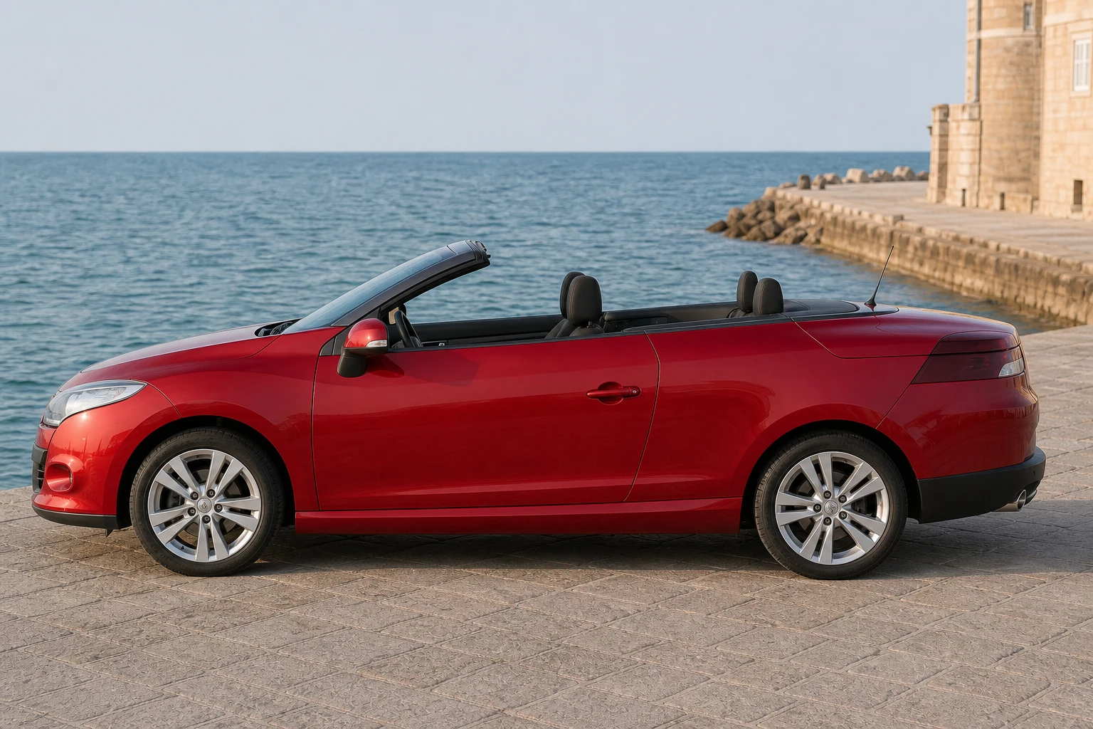 Seitenansicht (Fahrerseite) des Renault Megane 3 als Cabriolet (mit KI erzeugt)