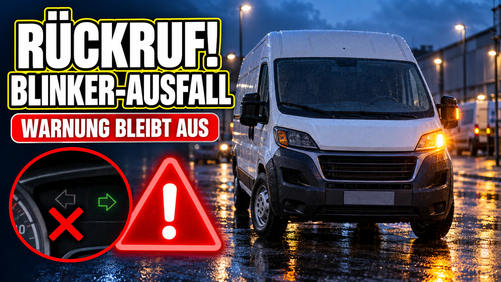 KI-generiertes Thumbnail: weißer Transporter mit ausgefallenem Blinker, Warnsymbol und Aufschrift Rückruf Blinker-Ausfall (mit KI erzeugt)