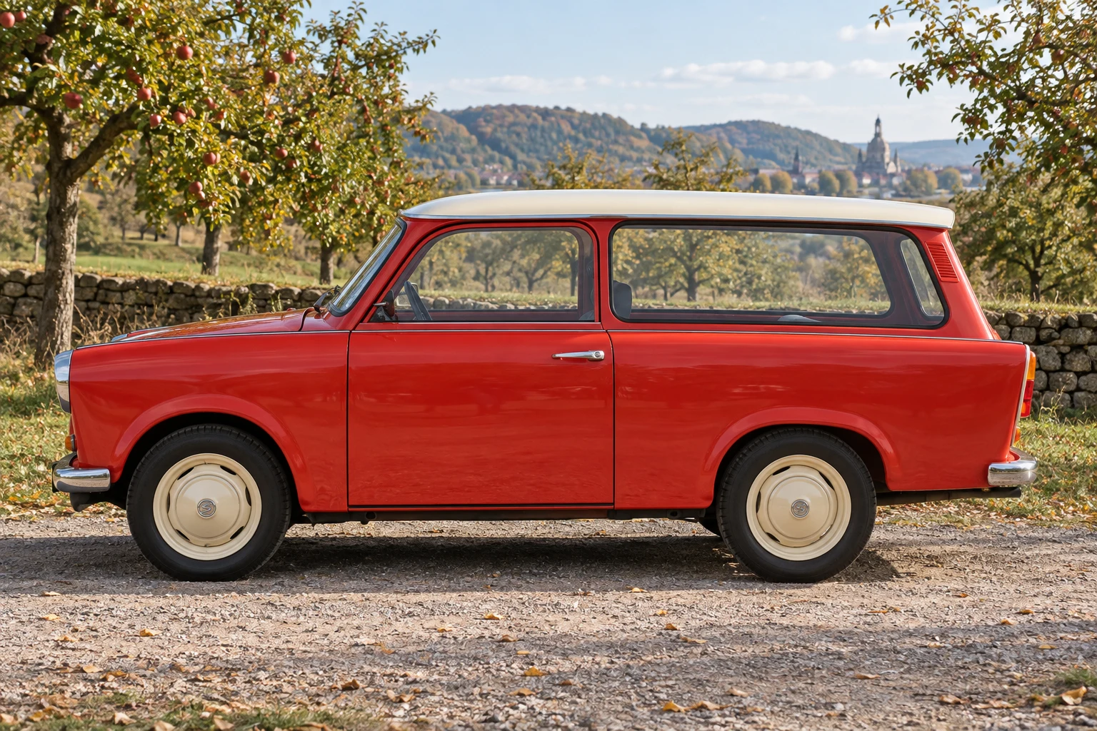 Seitenansicht (Fahrerseite) des Sachsenring Trabant 601 1 als Kombi (mit KI erzeugt)