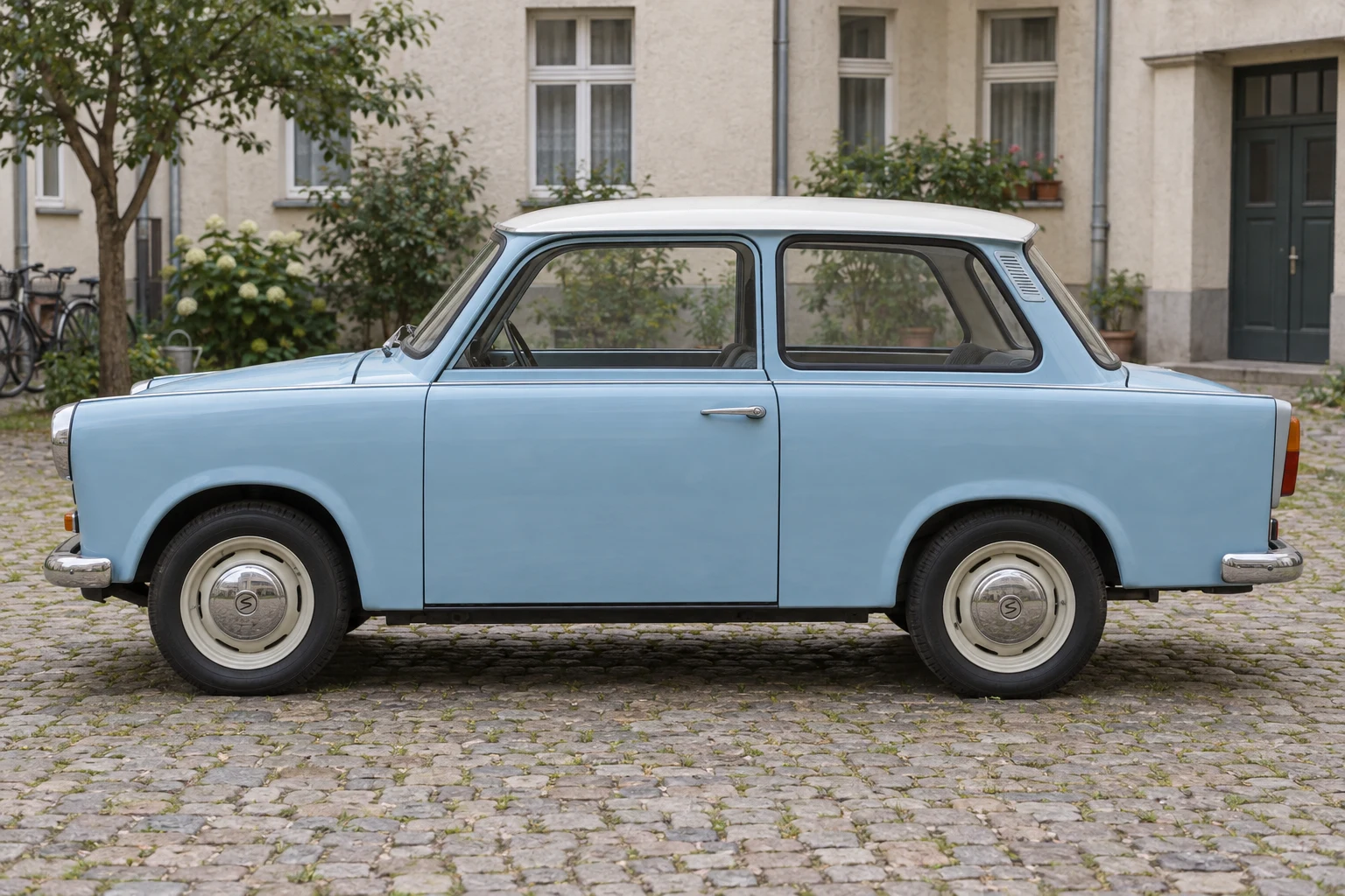 Seitenansicht (Fahrerseite) des Sachsenring Trabant 601 1 als Limousine (mit KI erzeugt)