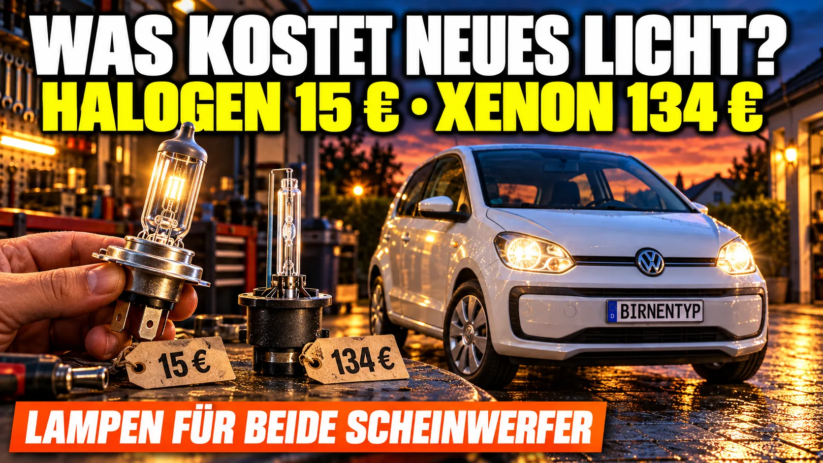 KI-generiertes Thumbnail: weißer VW up! mit eingeschalteten Scheinwerfern in der Dämmerung, Kennzeichen BIRNENTYP; im Vordergrund eine Hand mit einer H4-Halogenlampe neben einem Xenon-Brenner mit Preisschildern; Aufschrift: Was kostet neues Licht? Halogen 15 € · Xenon 134 € — Lampen für beide Scheinwerfer (mit KI erzeugt)