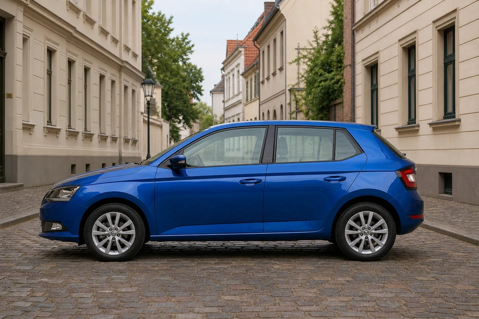 Seitenansicht (Fahrerseite) des Škoda Fabia 3. Gen als 5-Türer (Schrägheck) (mit KI erzeugt)