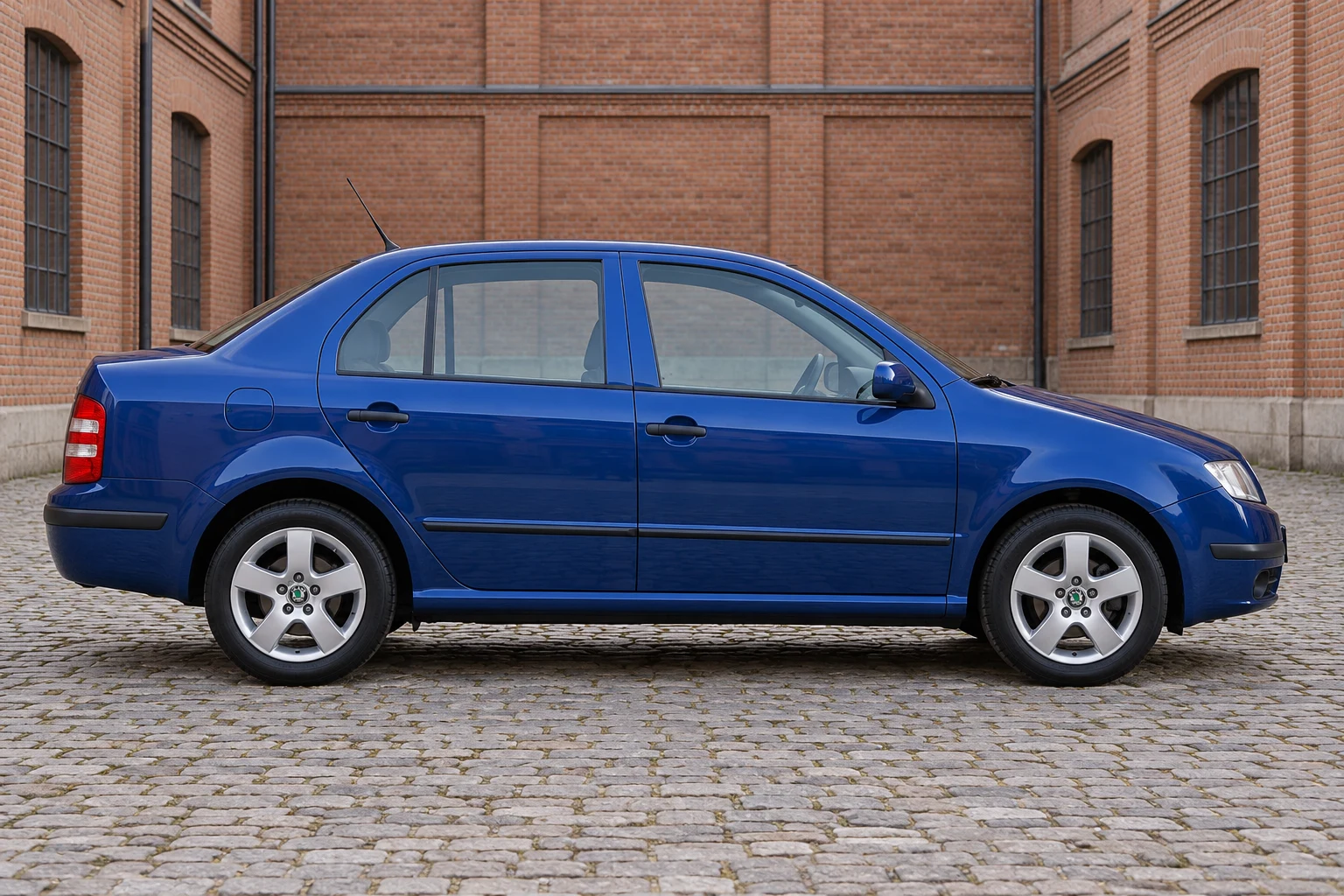 Seitenansicht (Fahrerseite) des Škoda Fabia 1 als Sedan (Stufenheck) (mit KI erzeugt)