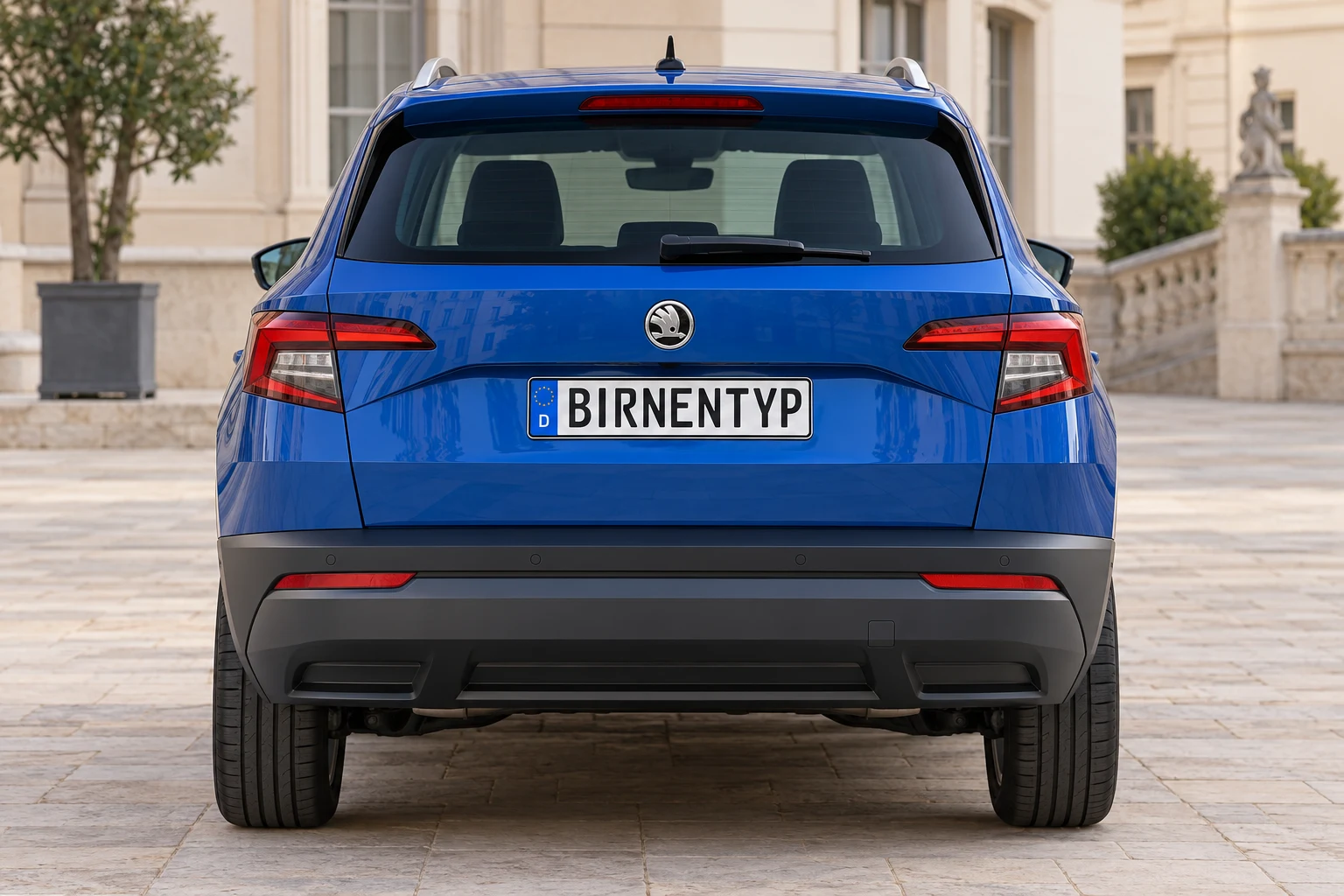 Heck-Ansicht des Škoda Karoq 1 (mit KI erzeugt)