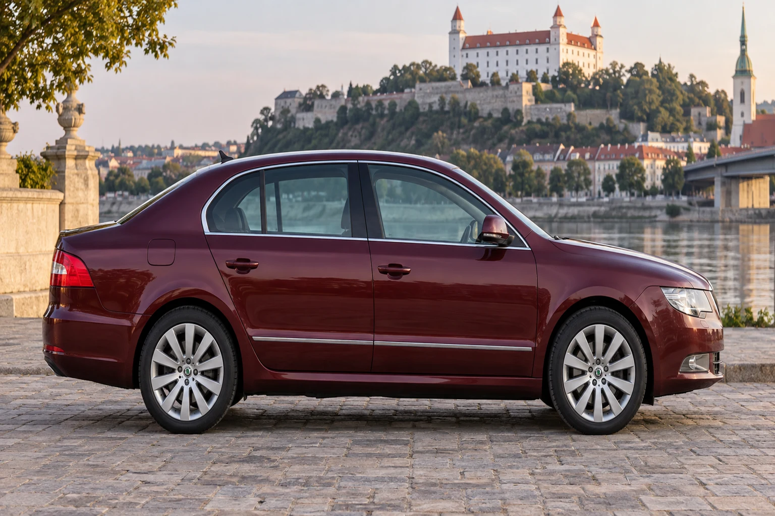 Seitenansicht (Fahrerseite) des Škoda Superb 2 als Limousine (TwinDoor) (mit KI erzeugt)
