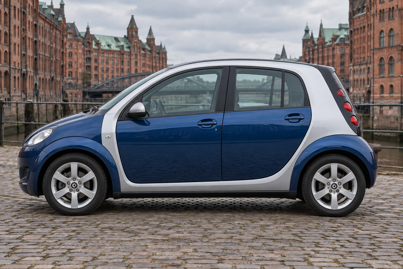 Seitenansicht (Fahrerseite) des Smart ForFour 1 als 5-Türer (mit KI erzeugt)