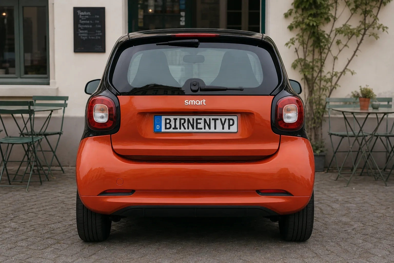 Heck-Ansicht des Smart Fortwo Coupé / Cabrio 3. Gen (mit KI erzeugt)