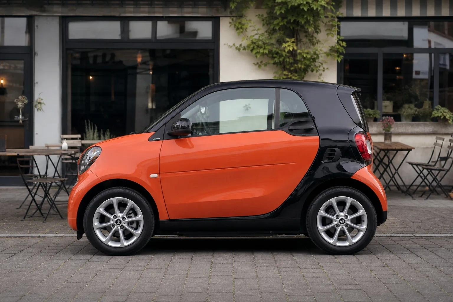 Seitenansicht (Fahrerseite) des Smart Fortwo Coupé / Cabrio 3. Gen als Coupé (mit KI erzeugt)