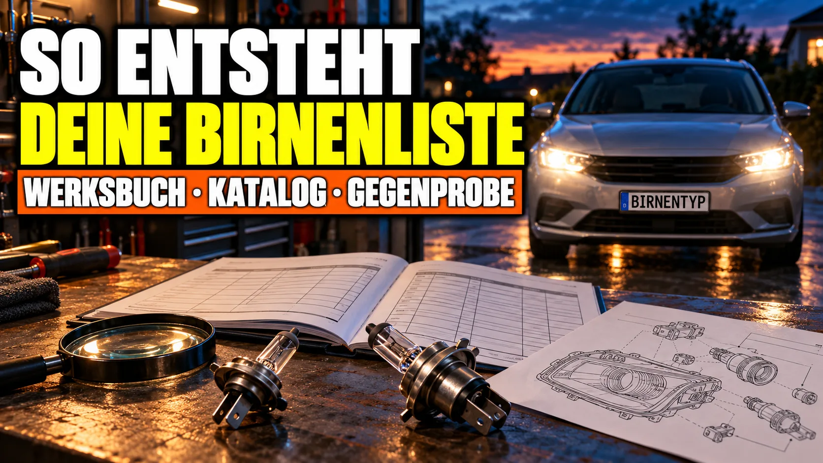 KI-generiertes Thumbnail: Werkbank mit aufgeschlagener Betriebsanleitung, zwei Halogen-Scheinwerferlampen, Lupe und Teilezeichnung, dahinter ein Auto mit Kennzeichen BIRNENTYP; Aufschrift „So entsteht deine Birnenliste“ und „Werksbuch · Katalog · Gegenprobe“ (mit KI erzeugt)