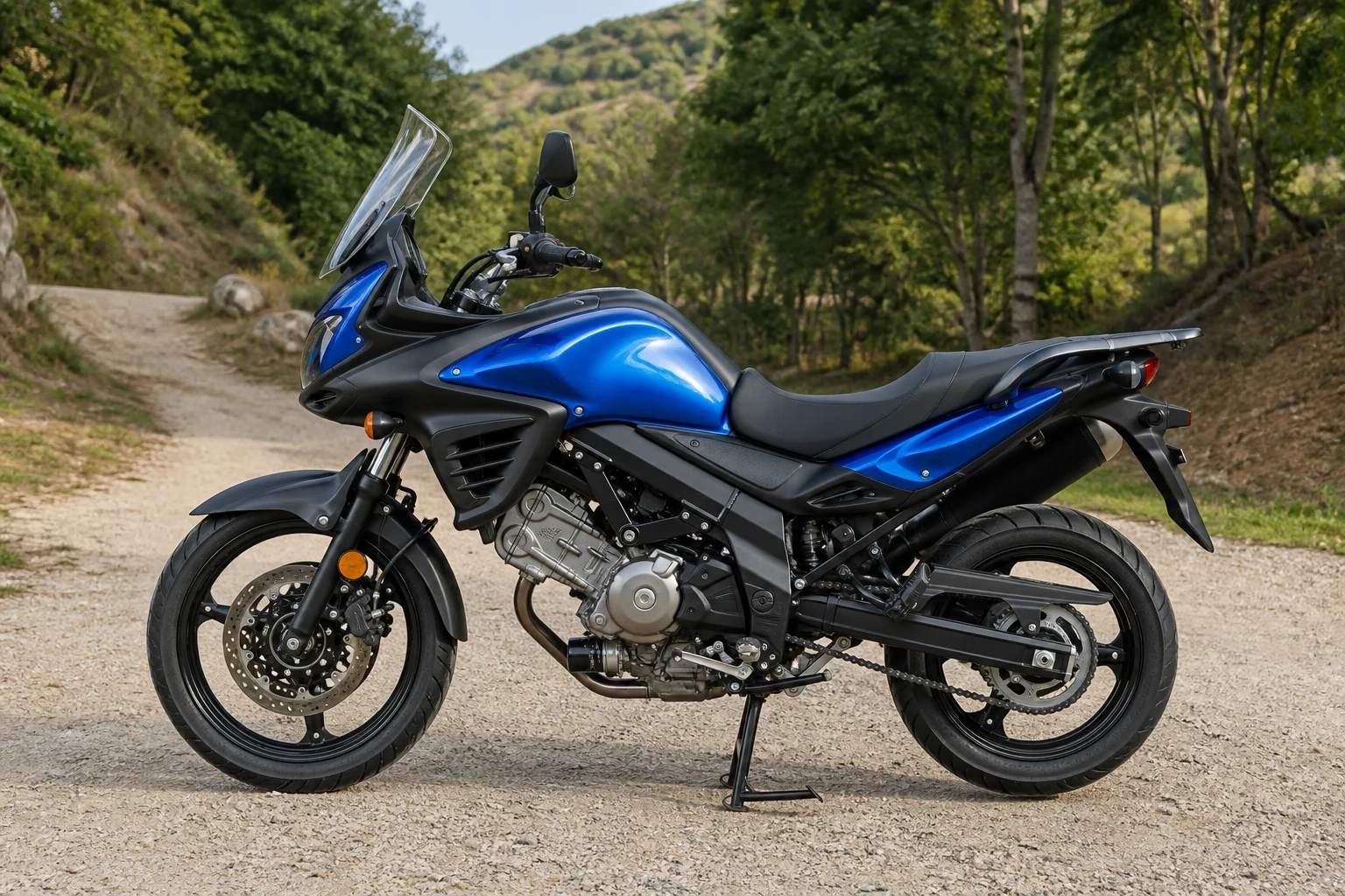 Seitenansicht (Fahrerseite) der Suzuki DL-1000-V-Strom als Reiseenduro (mit KI erzeugt)