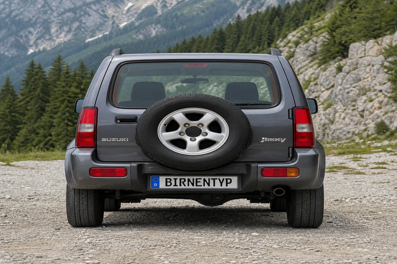 Heck-Ansicht des Suzuki Jimny 1 (mit KI erzeugt)