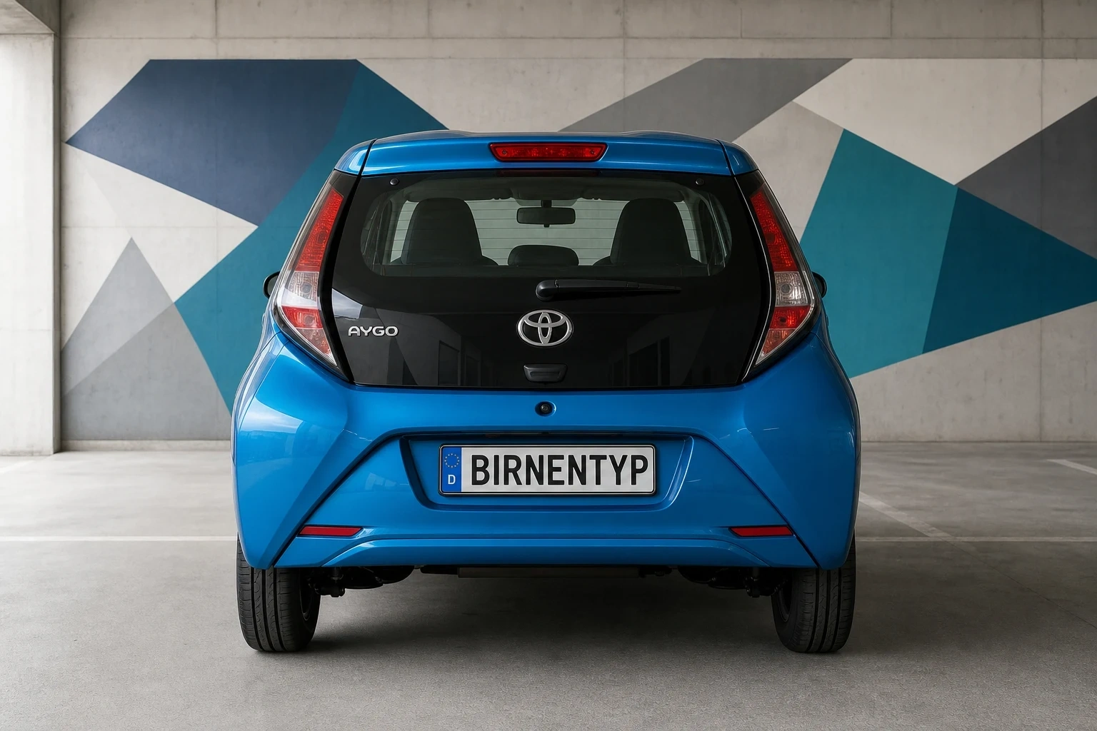 Heck-Ansicht des Toyota Aygo 2. Gen (5-Türer) (mit KI erzeugt)