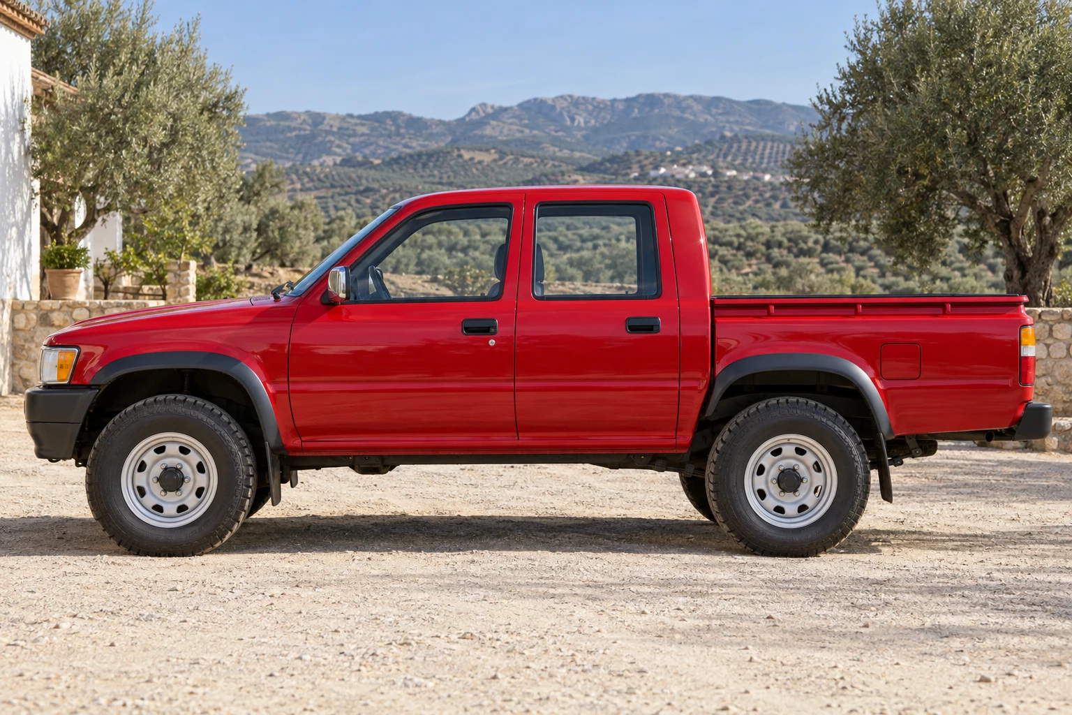 Seitenansicht (Fahrerseite) des Toyota Hilux 2 als Double Cab (mit KI erzeugt)