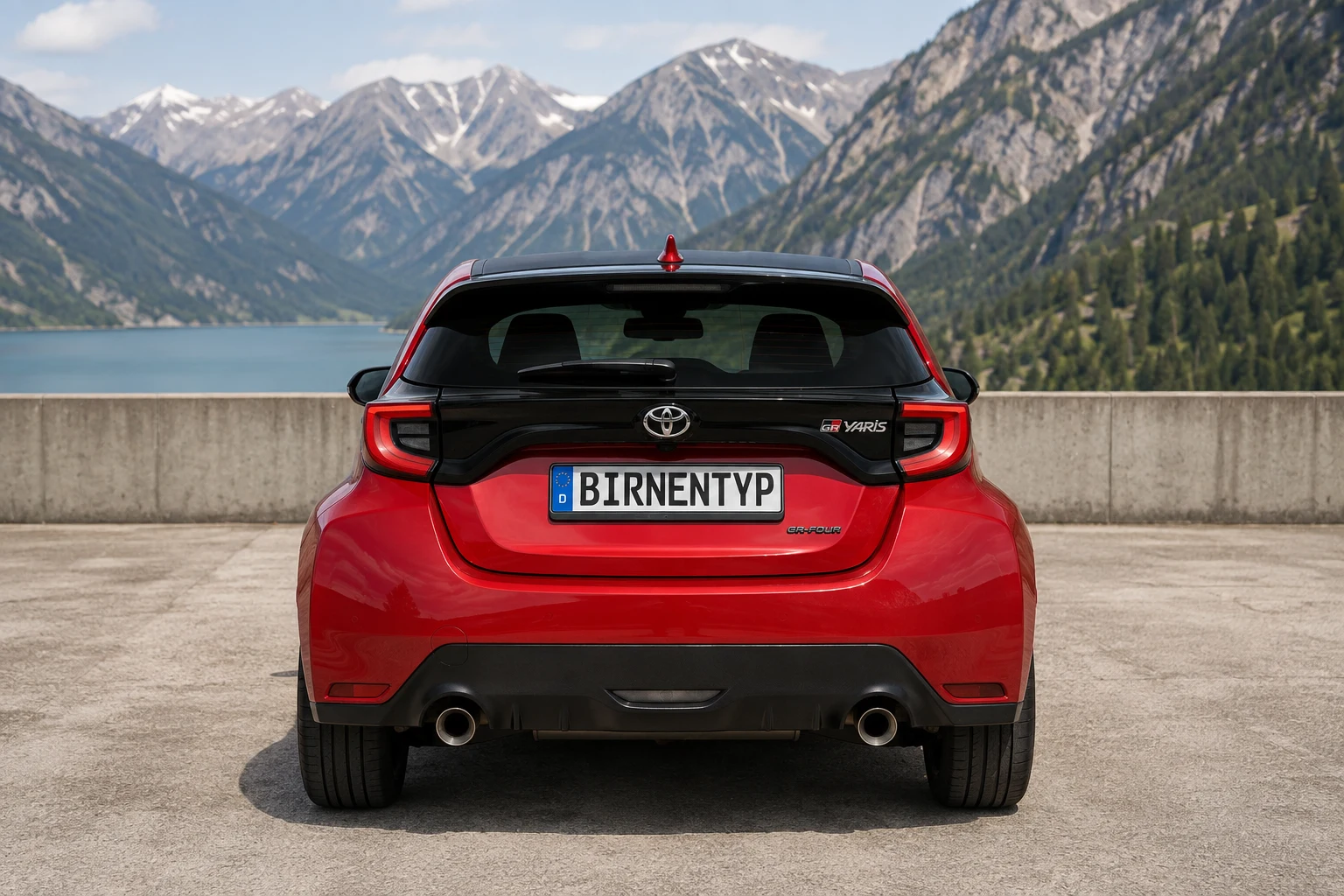 Heck-Ansicht des Toyota Yaris 4. Gen (GR Yaris (3-Türer Allrad)) (mit KI erzeugt)