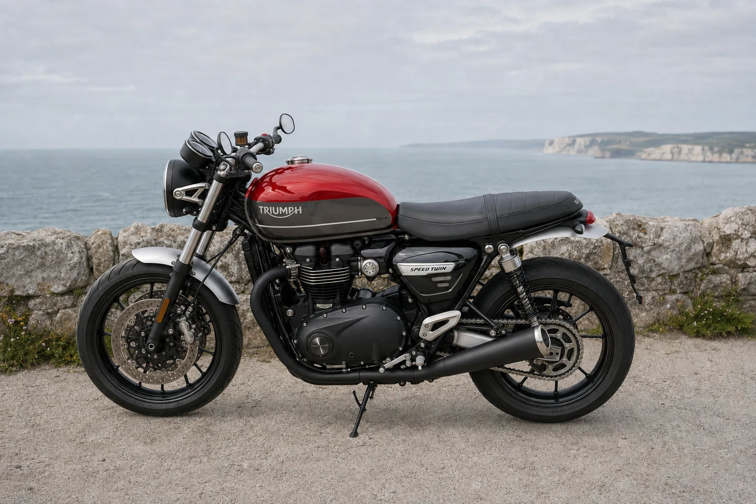 Linke Seite der Triumph Speed-Twin (mit KI erzeugt)