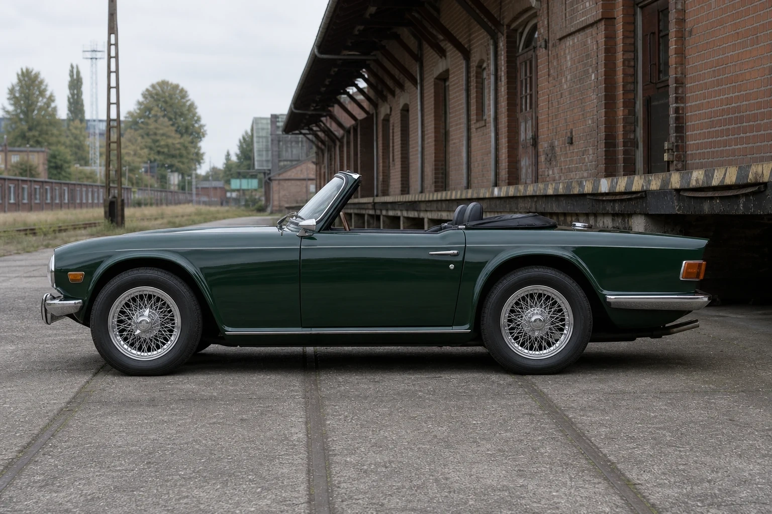 Seitenansicht (Fahrerseite) des Triumph TR6 als Roadster (mit KI erzeugt)