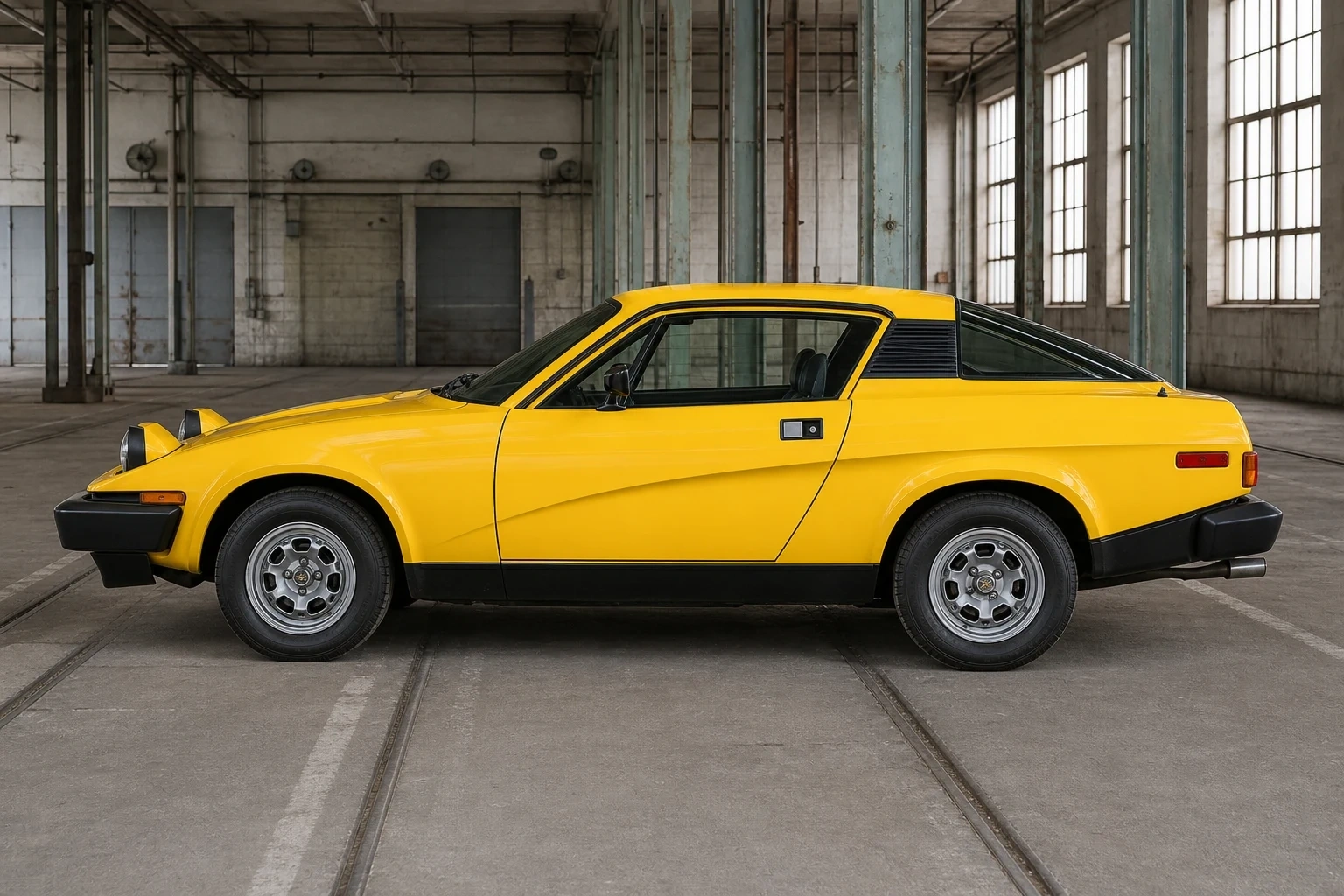 Seitenansicht (Fahrerseite) des Triumph TR7 als Coupé (mit KI erzeugt)