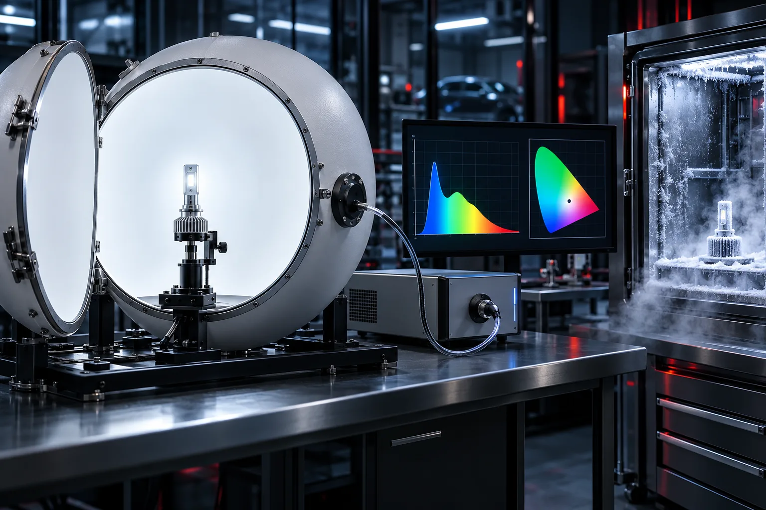 Eine geöffnete Ulbrichtkugel auf einem Laborbench mit einer leuchtenden LED-Nachrüstlampe in der Mitte, daneben ein Spektroradiometer mit Spektrum und Farbort-Diagramm auf dem Monitor (mit KI erzeugt)
