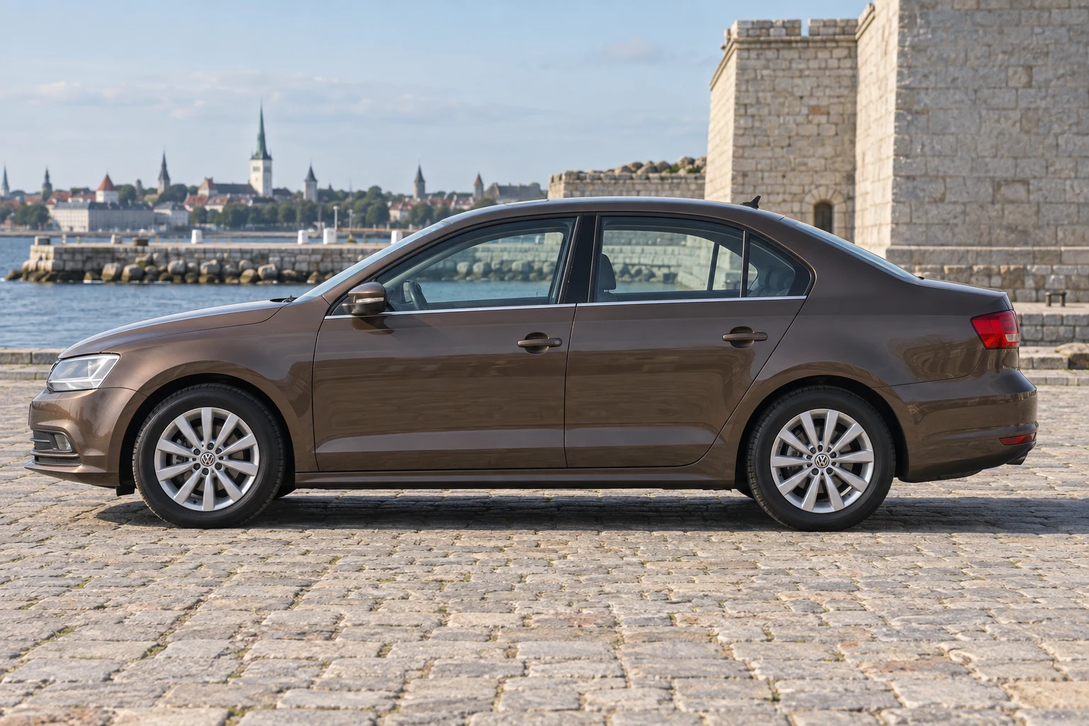 Seitenansicht (Fahrerseite) des VW Jetta 6 als Limousine (mit KI erzeugt)