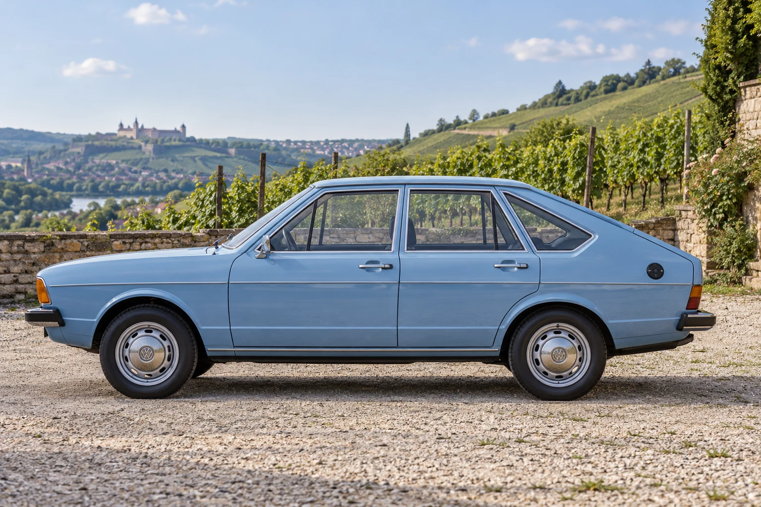 Seitenansicht (Fahrerseite) des VW Passat 1 als Limousine (mit KI erzeugt)