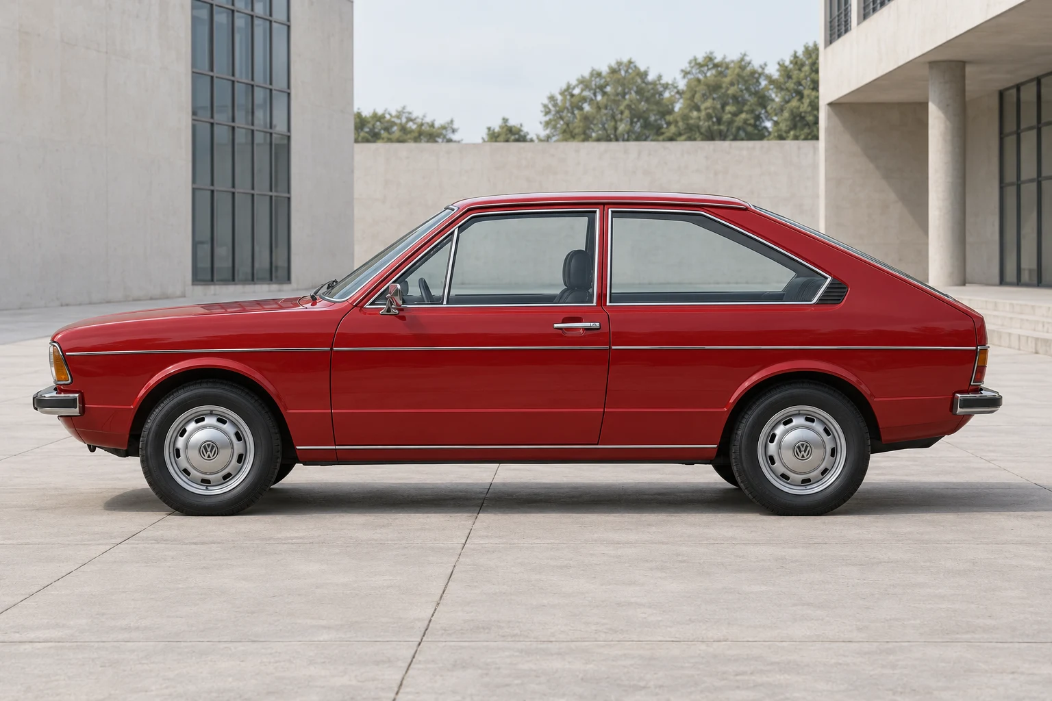 Seitenansicht (Fahrerseite) des VW Passat 1 als Schrägheck (mit KI erzeugt)