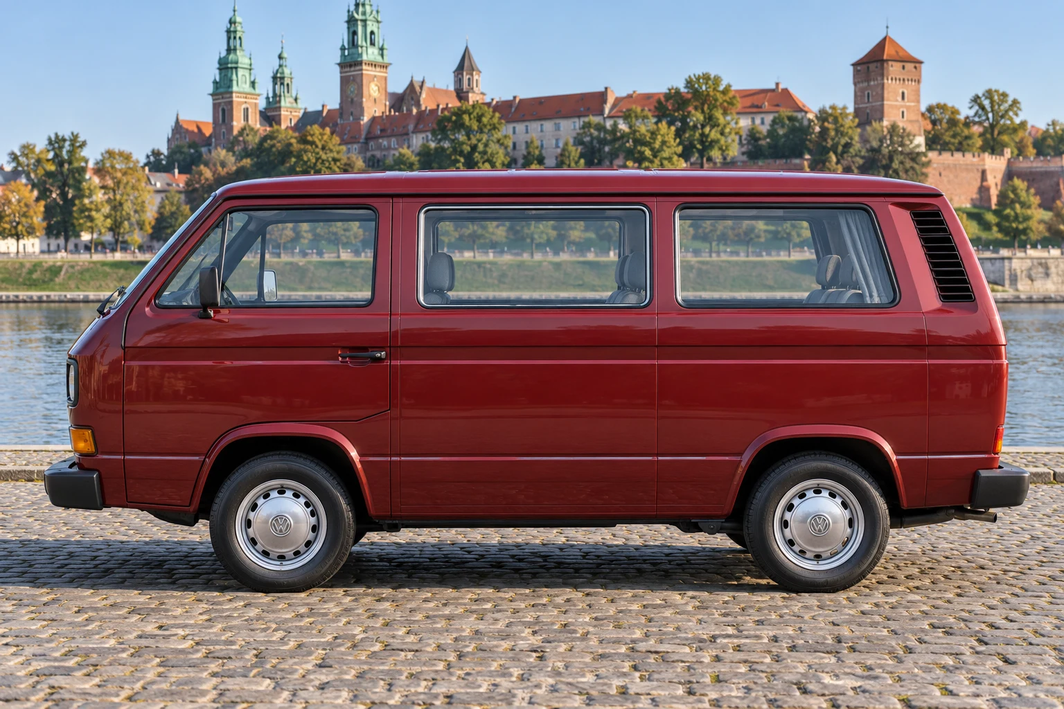 Seitenansicht (Fahrerseite) des VW T3 als Bus / Kombi (Caravelle, Multivan) (mit KI erzeugt)
