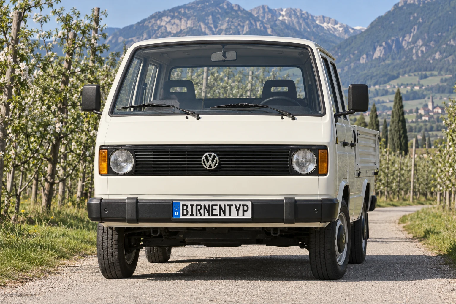 Frontansicht des VW T3 (Pritschenwagen / Doppelkabine) (mit KI erzeugt)