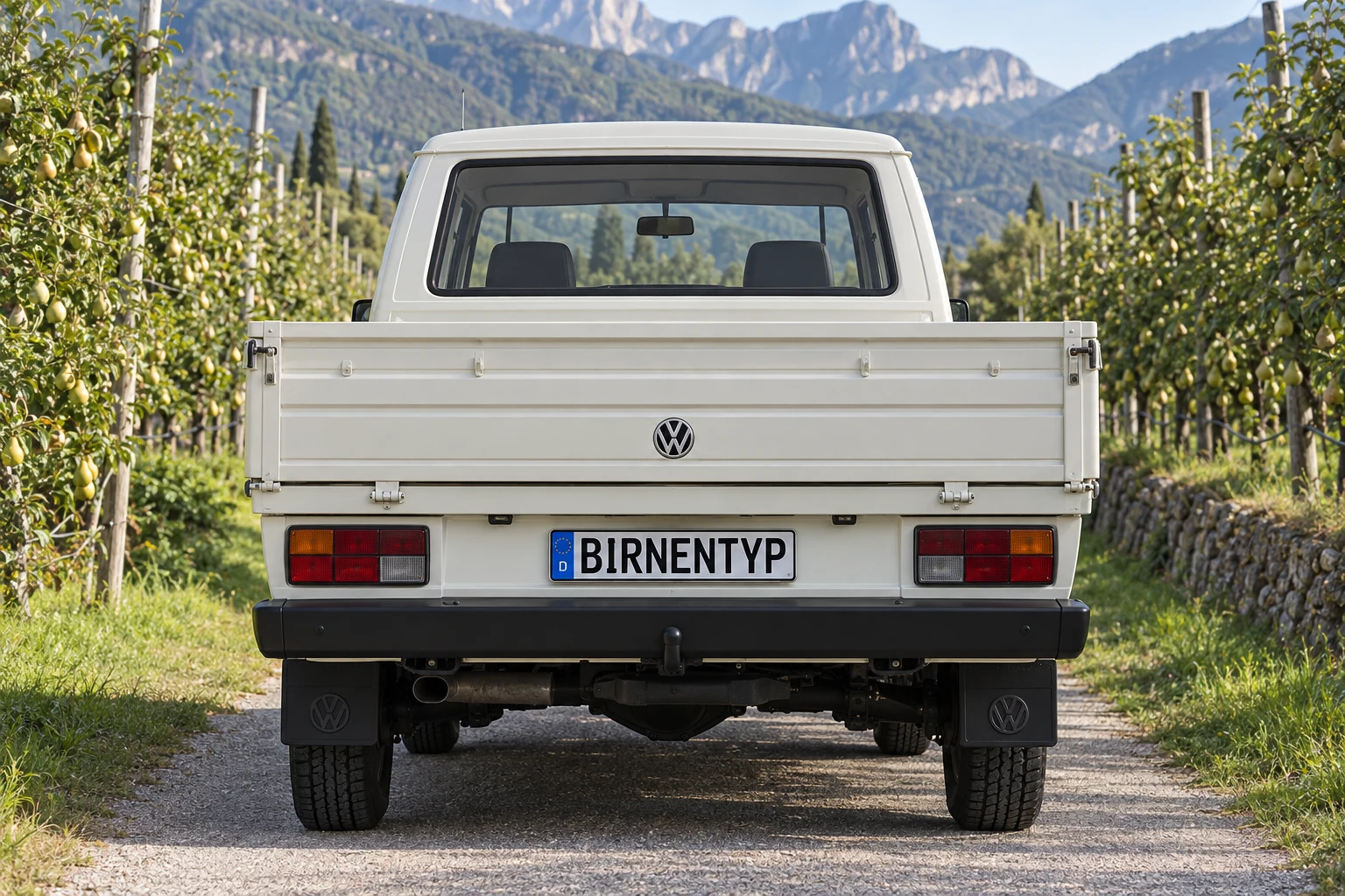 Heck-Ansicht des VW T3 (Pritschenwagen / Doppelkabine) (mit KI erzeugt)