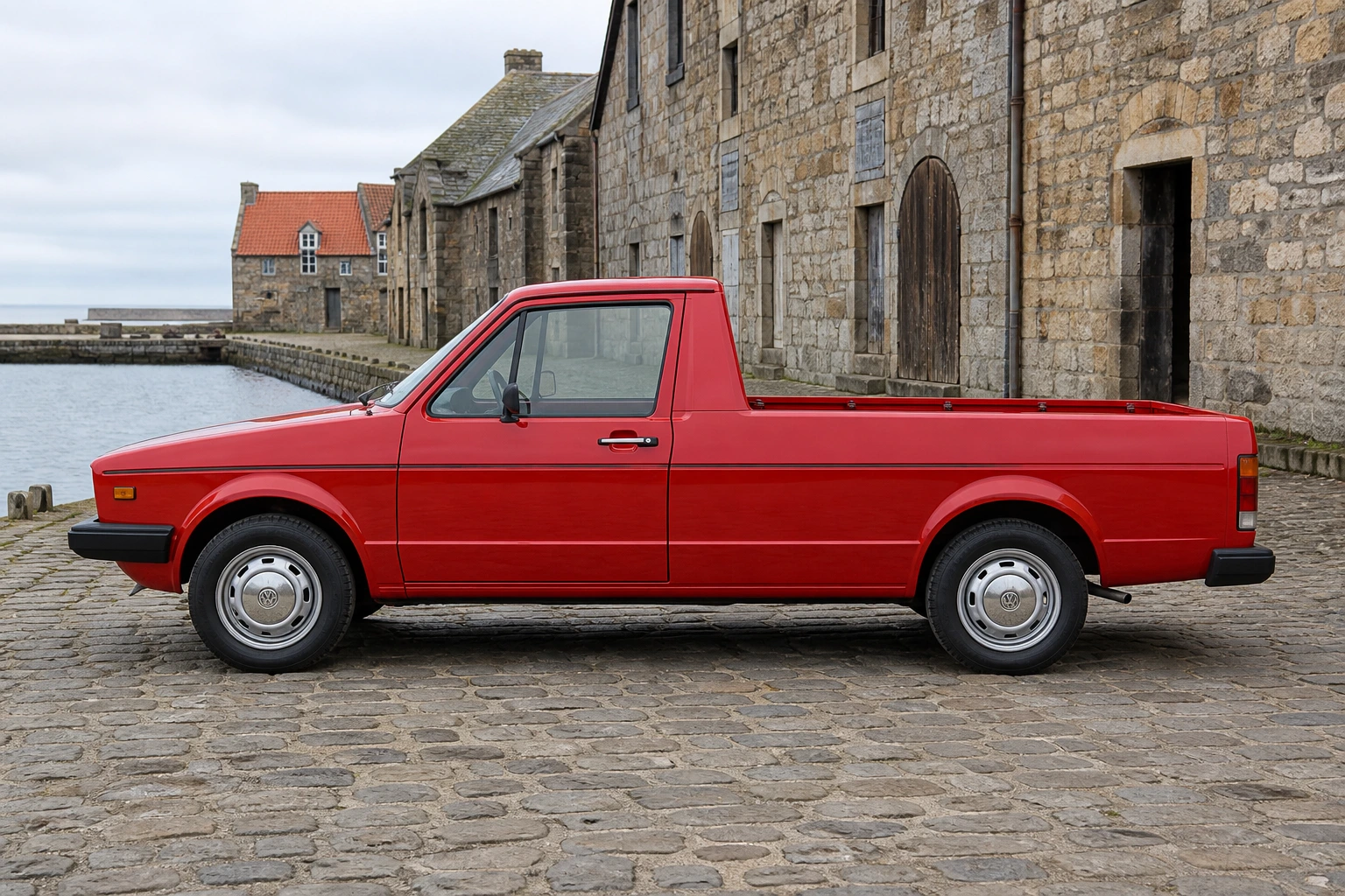 Seitenansicht (Fahrerseite) des VW Caddy 1 als Pickup / Pritschenwagen (mit KI erzeugt)