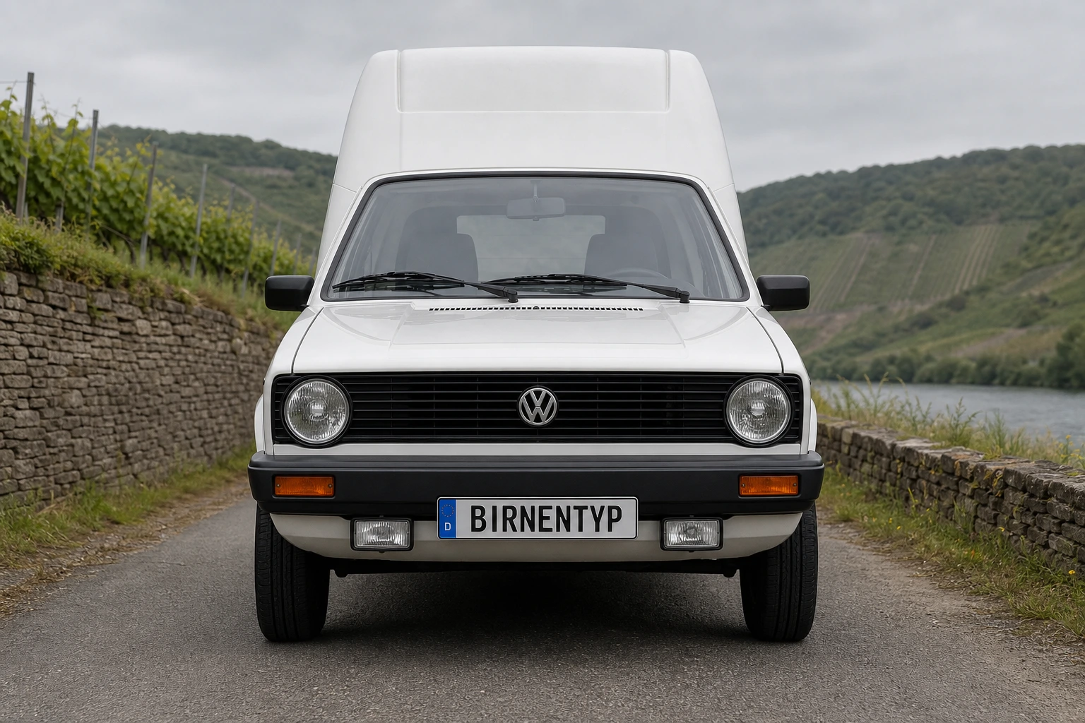 Frontansicht des VW Caddy 1 (Kastenwagen (mit Hardtop-Aufbau)) (mit KI erzeugt)