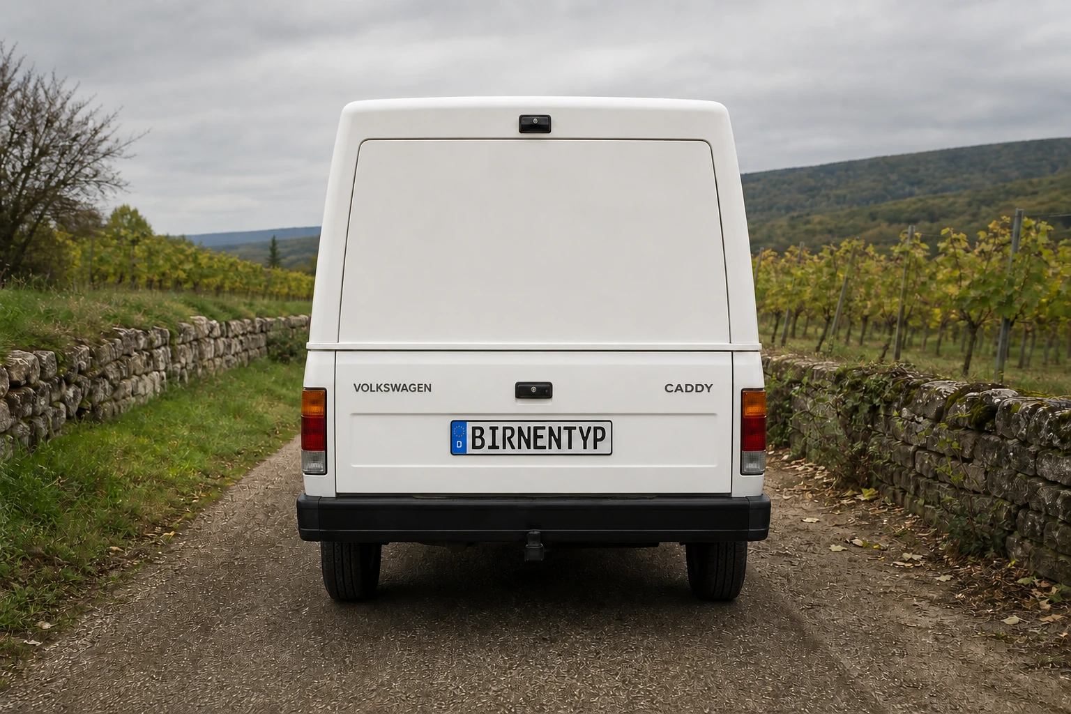 Heck-Ansicht des VW Caddy 1 (Kastenwagen (mit Hardtop-Aufbau)) (mit KI erzeugt)
