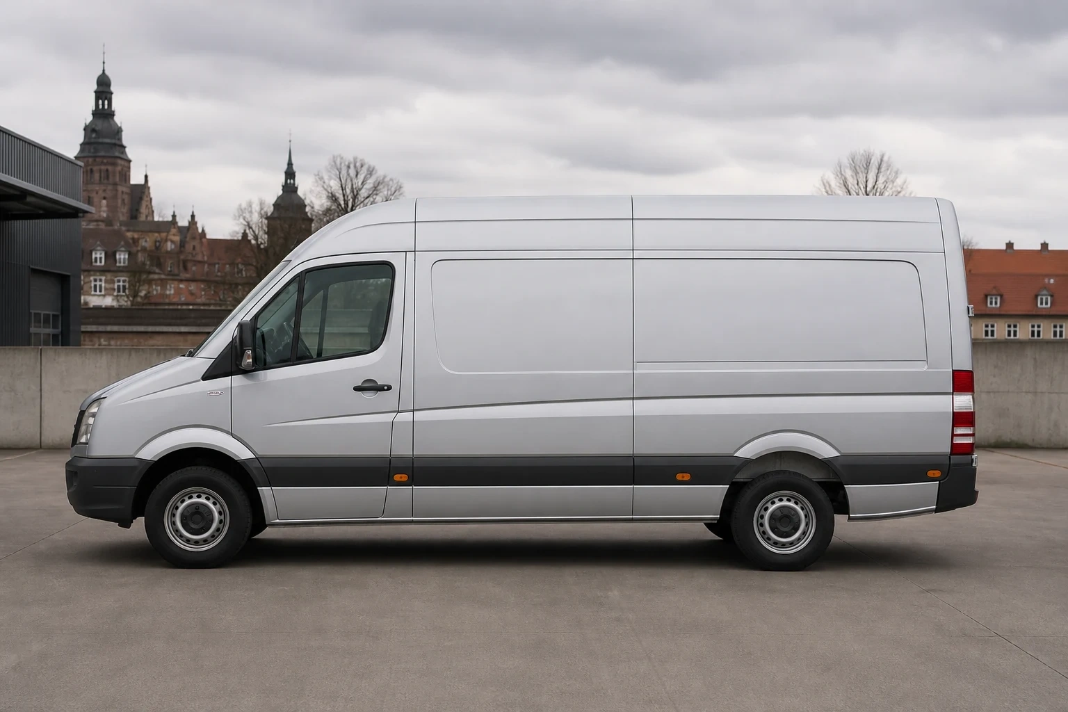 Seitenansicht (Fahrerseite) des VW Crafter 1. Gen als Van / Kastenwagen (mit KI erzeugt)