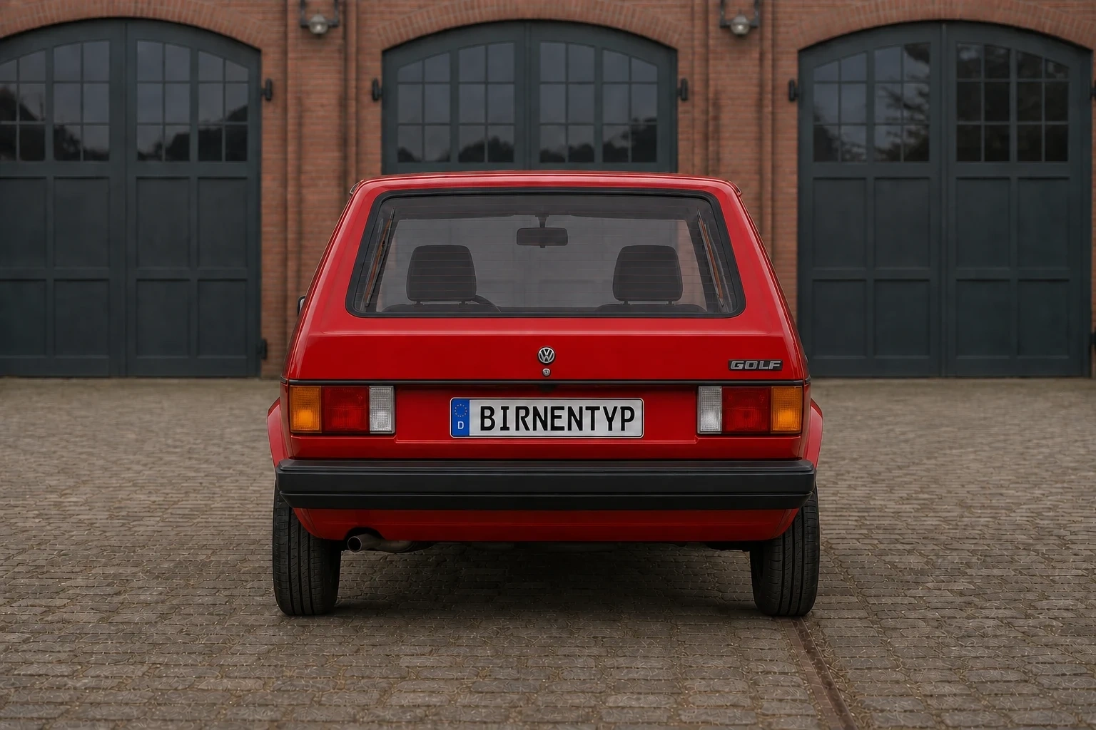 Heck-Ansicht des VW Golf 1 (mit KI erzeugt)
