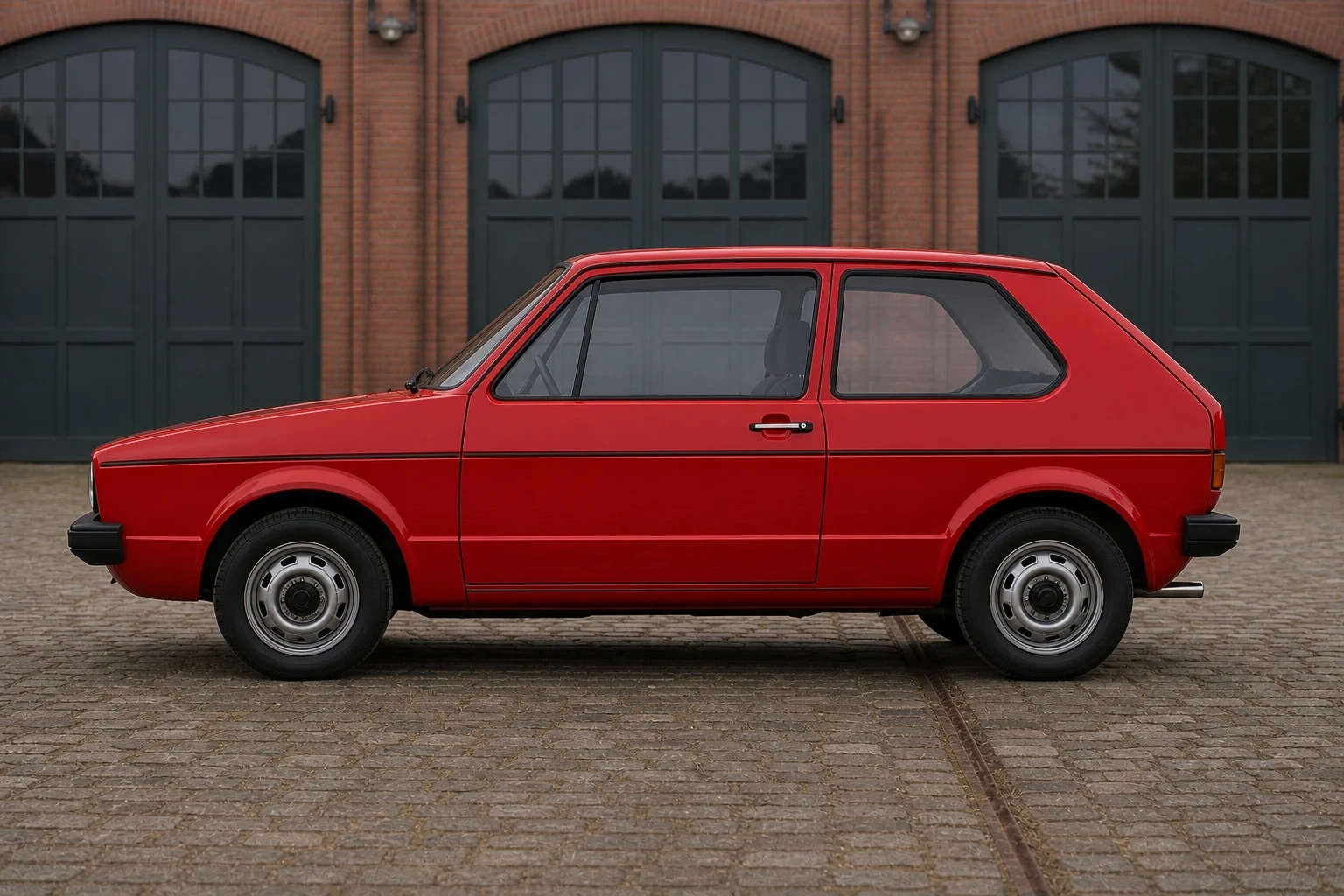 Seitenansicht (Fahrerseite) des VW Golf 1 als 3-, 5-Türer (mit KI erzeugt)