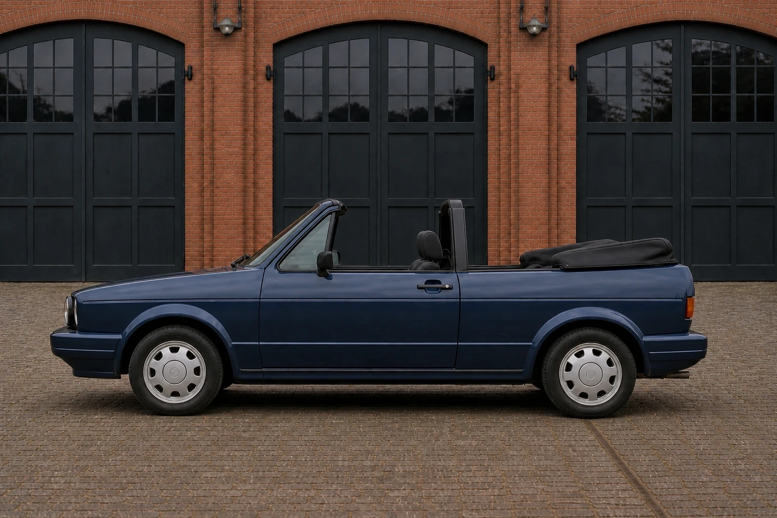 Seitenansicht (Fahrerseite) des VW Golf 2 als Cabriolet (mit KI erzeugt)
