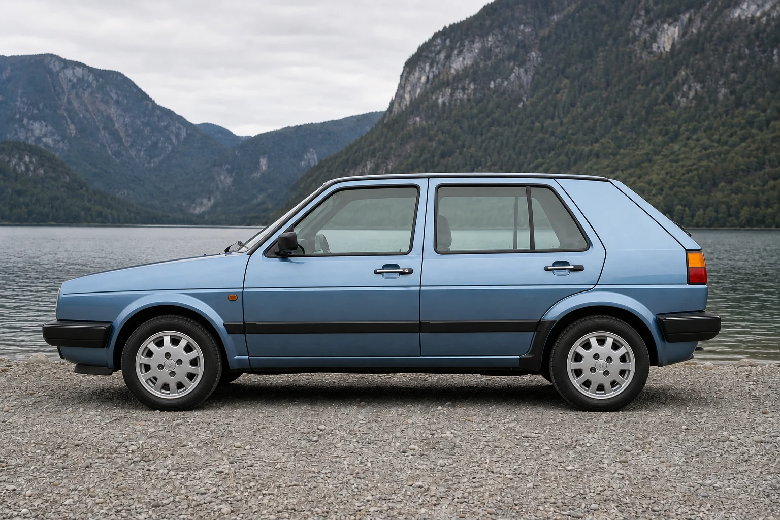 Seitenansicht (Fahrerseite) des VW Golf 2 als 3-, 5-Türer (mit KI erzeugt)