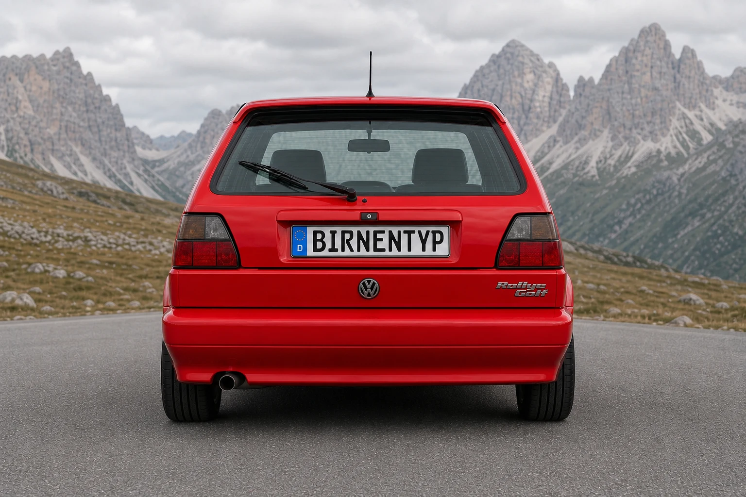Heck-Ansicht des VW Golf 2 (Rallye Golf) (mit KI erzeugt)
