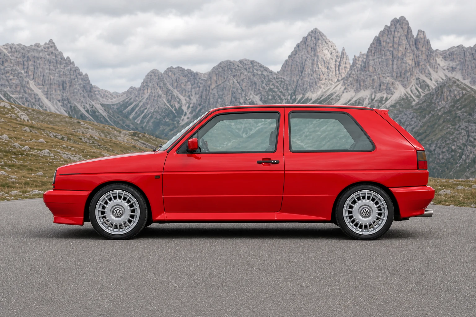 Seitenansicht (Fahrerseite) des VW Golf 2 als Rallye Golf (mit KI erzeugt)