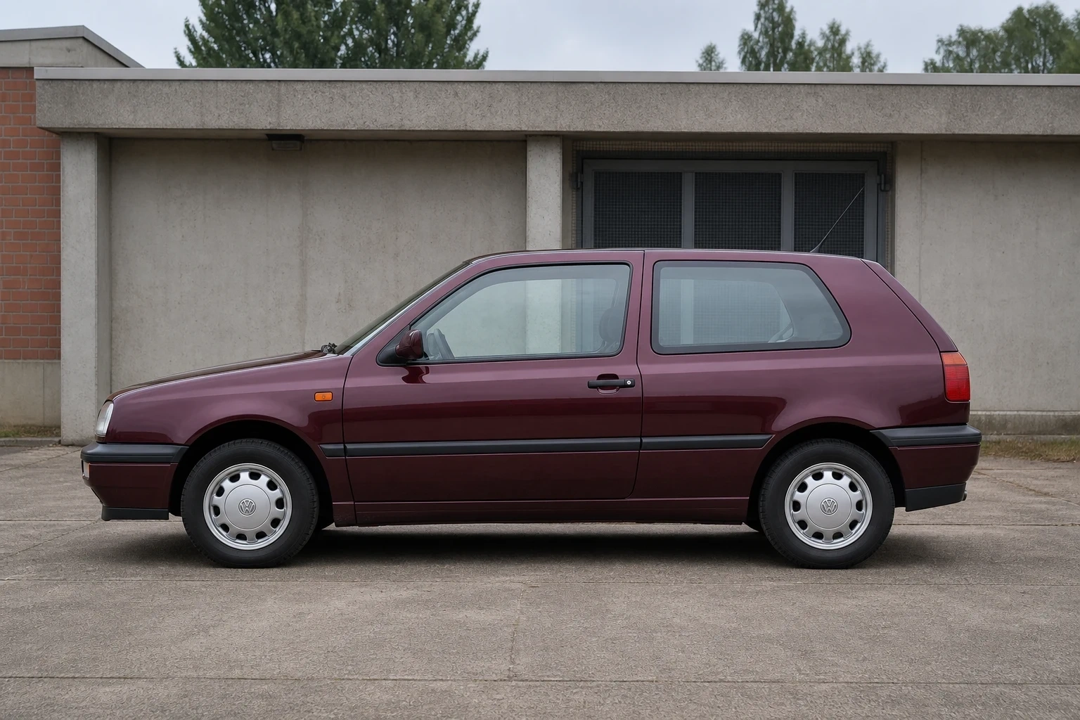 Seitenansicht (Fahrerseite) des VW Golf 3 als 3-Türer (mit KI erzeugt)