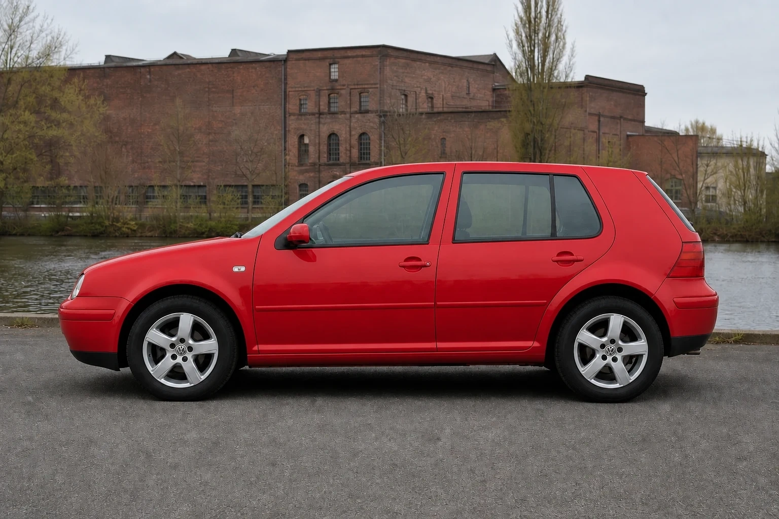 Seitenansicht (Fahrerseite) des VW Golf IV als 5-Türer (mit KI erzeugt)