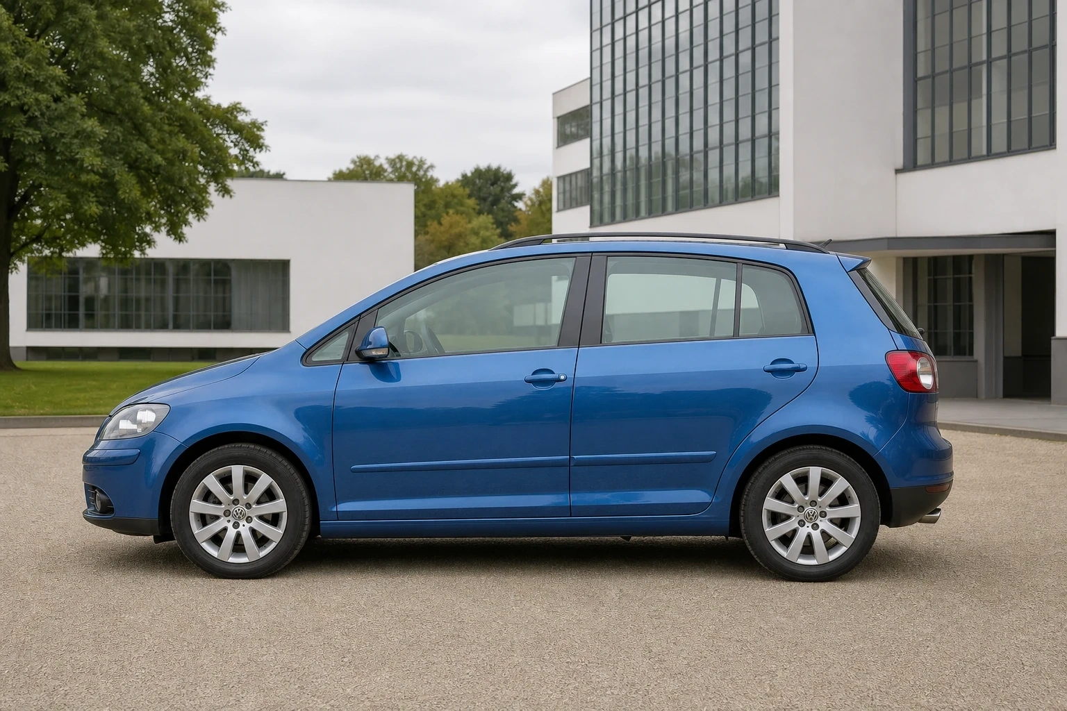 Seitenansicht (Fahrerseite) des VW Golf 5 Plus als Plus (Kombilimousine) (mit KI erzeugt)