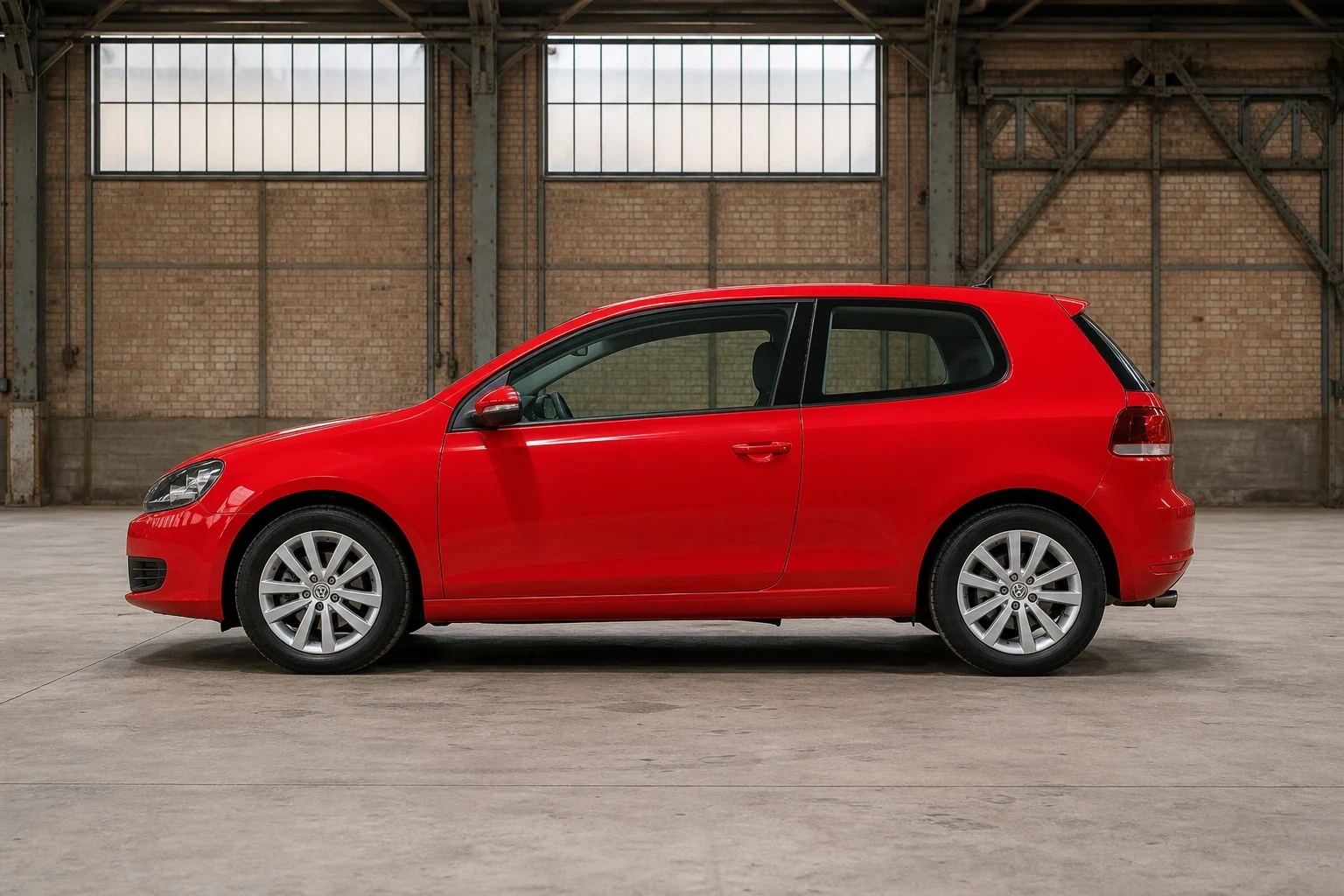 Seitenansicht (Fahrerseite) des VW Golf 6 als 3-Türer (mit KI erzeugt)