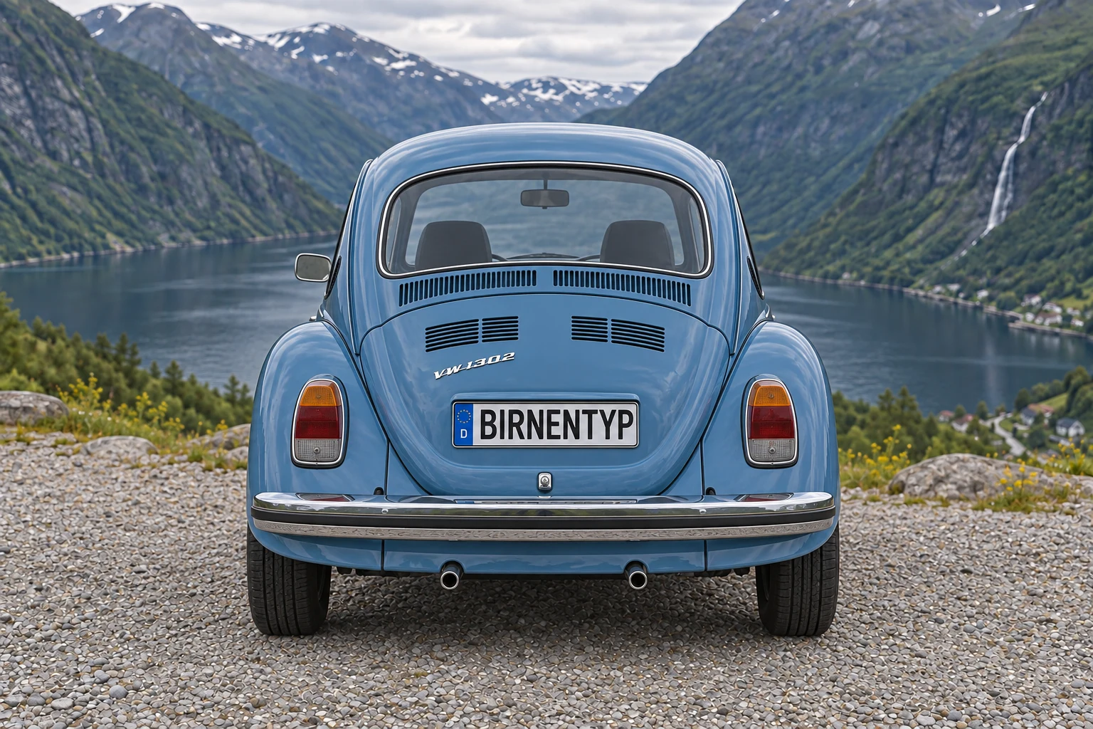 Heck-Ansicht des VW Käfer 4 (1302) (mit KI erzeugt)