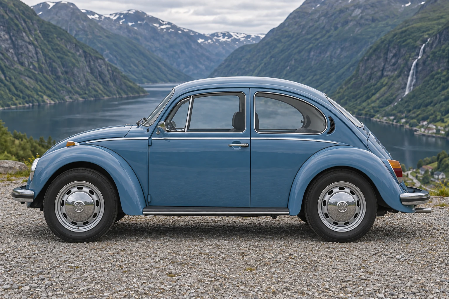 Seitenansicht (Fahrerseite) des VW Käfer 4 als 1302 (mit KI erzeugt)
